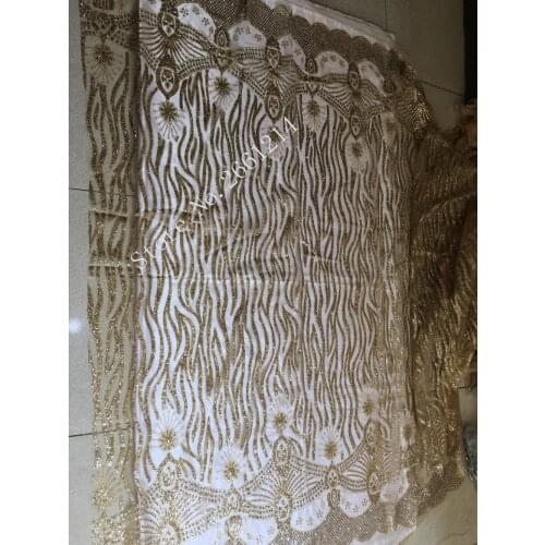 Top selling shinning BZL-71803-1 french net fabric with gold glued glitter sequins lace for sexty dress