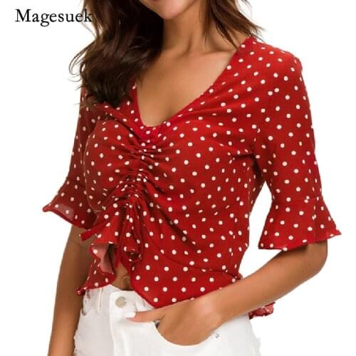 Fashion Polka Dot Summer Chiffon Shirt Women Short Sleeve V-neck Drawstring White Blouse Woman Plus Size Top Female Blusas 14592