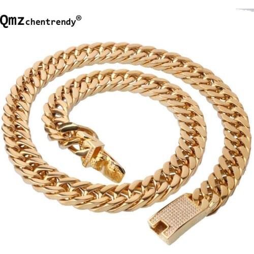 Mens Cuban Miami Chain Necklace Stainless Steel Bling Iced Out Gold black Rhinestone Clasp Casting Hip hop Chain Necklace