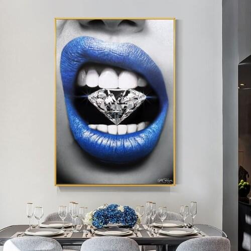 Wall Art Poster Print Blue Mouth With Diamond and Money Canvas Painting Wall Pictures For Girls Room,Living Room