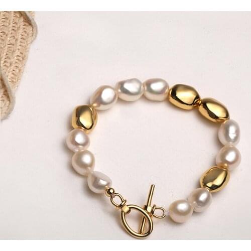 Natural Freshwater Pearl Bracelets for Women Vintage Gold Bead White Baroque Pearl Strand Bracelet Bangle Luxury Fashion Jewelry