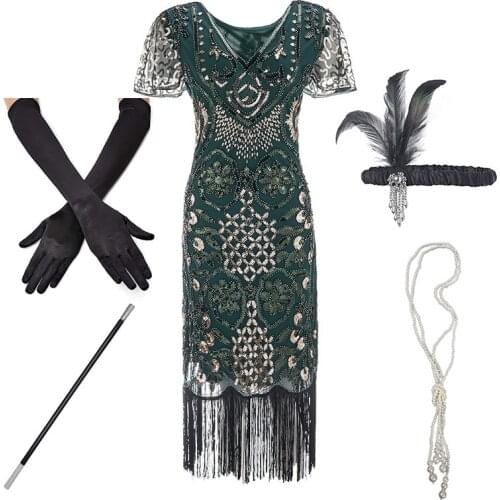 1920s Flapper Roaring Plus Size 20s Great Gatsby Fringed Sequin Beaded Dress and Embellished Art Deco Dress Accessories XXXL