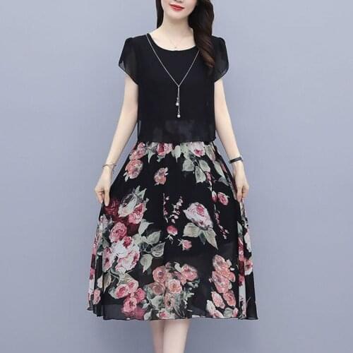Plus Size M-5XL False Two Piece Summer Dress Fashion O-neck short sleeve Women Short Sleeve Floral Print Long Chiffon Dresses
