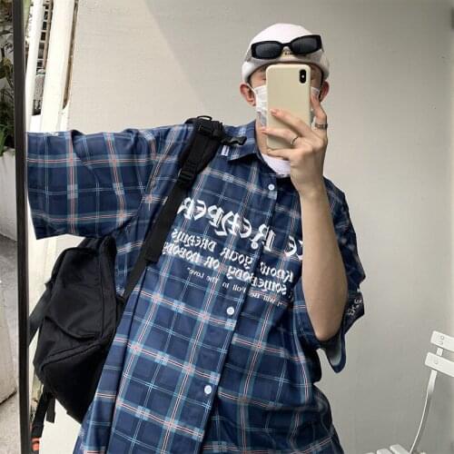 Letter Printed Plaid Shirts Men Korean Style Casual Big Sizes Short Sleeve Shirt For Male Harajuku Fashion Blouse