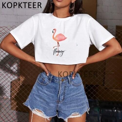Cute Bird Flamingo Graphic Crop Tops T Shirts Women Korean Style Hip Hop Tshirt Fashion Aesthetic T-Shirt Harajuku Slim Tops