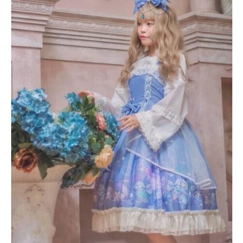 Blue Mermaid Sweety Lolita Dress Summer Camisole Christmas Cartoon Japan Print Dress Girls Kawaii Bow Party Princess Dresses