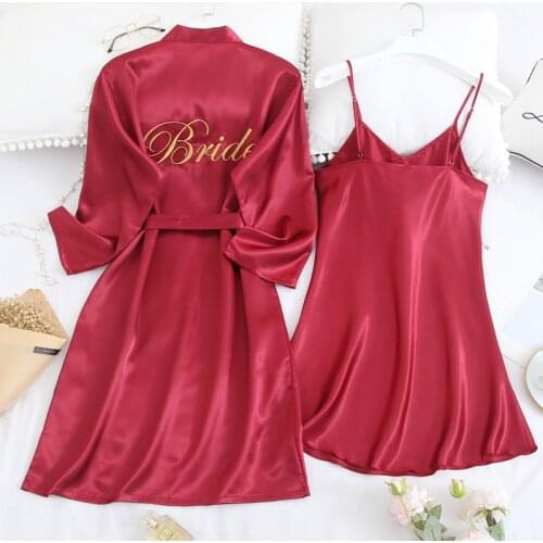 Bridal Wedding Robe Sexy Kimono Gown Women Sleepwear Satin 2PCS Nighty&Robe Suit Embroidery Letter Bathrobe Intimate Lingerie