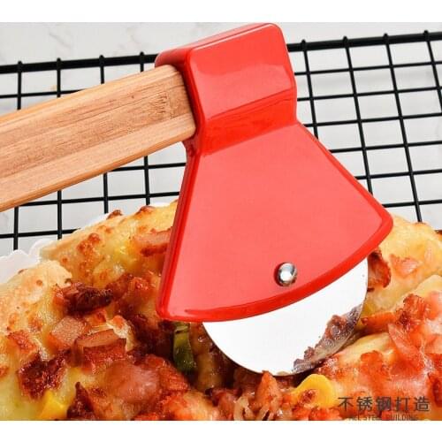 Axe Bamboo Handle Pizza Cutter Stainless Steel Rotating Blade Cutting Tool Waffle Cookies Cake Pies Wheels Knife Kitchen Gadget