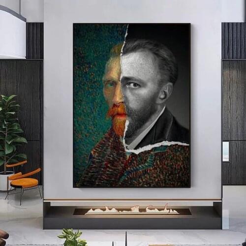 Van Gogh and Mona Lisa and Jesus Black and White Stitching Canvas Painting Abstract Posters Prints Wall Art Pictures Home Decor