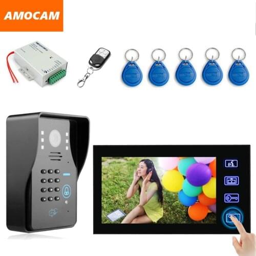 7" Touch Monitor Video Doorbell doorphone Kit RFID Card Keyfobs Password Remote Unlock Wired Video Door Phone Intercom System