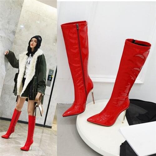 YQBTDL 2020 Autumn Winter Sexy High Heels Stiletto Boots Patent Black White Red Pointed Toe Mid Calf Long Boots Female Shoes 10