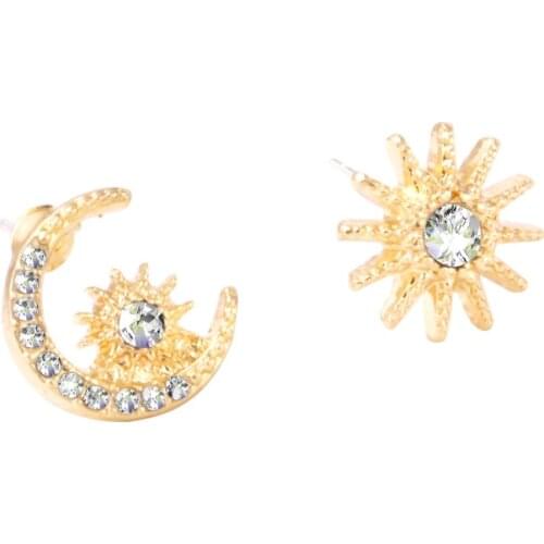 Punk S925 Needle Earrings Fashion Temperament Moon Stars Asymmetric Small Crystal Korean Version Of Womens Earrings