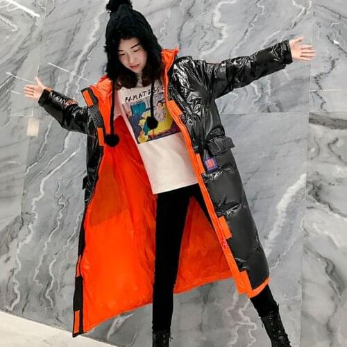 Women Long Shiny Down Jacket 90% White Duck Down Outwear Hooded Casual Parker Overcome Winter Warm Jacket Windproof Trench Coat