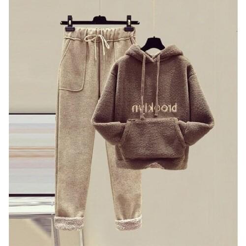 Plus size women hoodies and pants 2 piece set ladies letter print pocket warm thicken pullover sweatshirts high waist suits