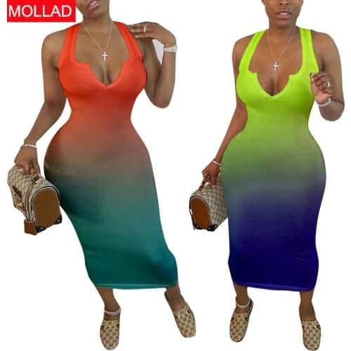 New Sexy Skinny V-neck Gradient Color Midi Dress Women Summer Long Dresses