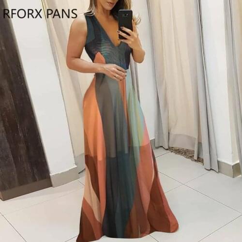 Women V-Neck Striped Colorblock Spaghetti Strap Maxi Dress Summer Dress Elegant Dress