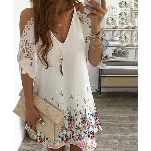 Plus Size Robe Sling Vintage Printed Hollow Out Mini DressesV Neck Female Off Shoulder Patchwork Party Dress for Women 2021