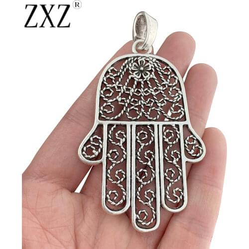 ZXZ 2pcs Tibetan Silver Color Large Hamsa Hand Charms Pendants for Necklace Jewelry Making Findings 74x48mm