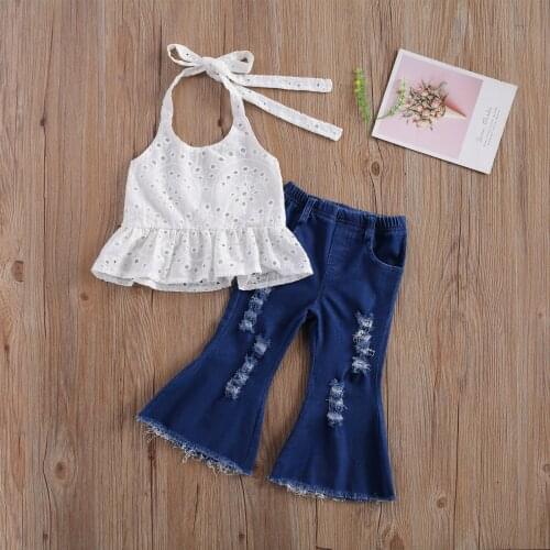 2021 New Toddler Baby Girl Halter Sleeveless Hollow-out Camisole Tops Ripped Loose Bell Bottom Jeans 2 Pcs Set