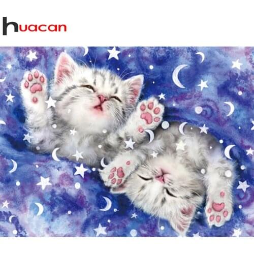 Huacan Diamond Art Painting Cat Full Square/round Diamond Embroidery Cute Animal Mosaic Moon Star Room Decor