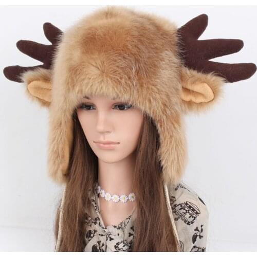 Free Shipping Autumn and winter thermal cartoon hat antlers fur hat lei feng plus velvet general deer hat