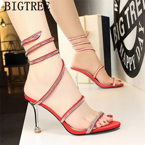 Fashion Sexy Rhinestone Sandals Open Toe Heels High Heels Sandals Women Red Sandals Shoes Woman Sandalias Romanas Mujer Туфли
