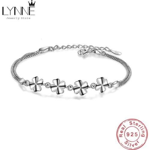 Hot Fashion Lucky Clover Charm Bracelet 925 Sterling Silver Four Tablets Leaves Pendant Chain Bracelets Women&Girl Jewelry Gift