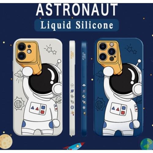 Fashion Square Liquid Silicone Case For iPhone 12 11 Pro MAX Mini XS X XR 7 8 Plus SE 2 Cartoon Telescope Space Astronaut Cover