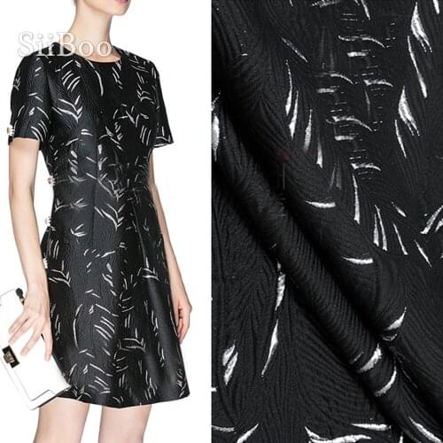 Black silver embossed leaves jacquard brocade fabric for dress coat jacquard tissue for sewing tecidos stoffen telas SP4726