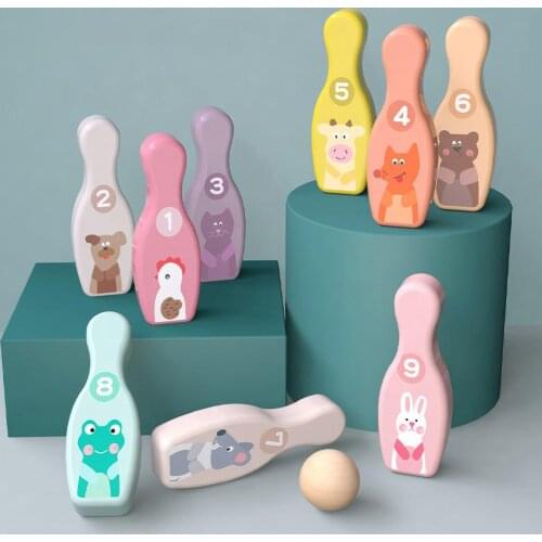 Kids Wooden Cartoon Animal Bowling Pins Balls Sport Toy Indoor Interactive Game Indoor Baby Play Balls Famaly Interactive Toys