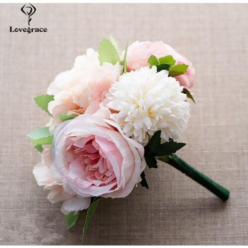 Lovegrace Fake Flower Bouquet Silk Peony Hydrangea Pompon Artificial Flowers Bridal Sister Bouquet Wedding Decorative Flower