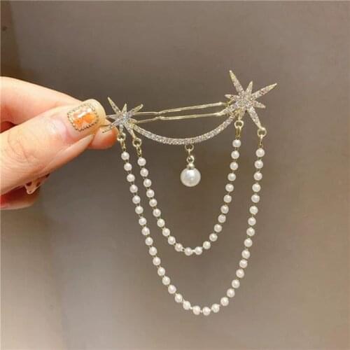 Korean 2021 New Shiny Rhinestone Star Pearl Tassel Hairgrips Hair Clips For Women Sweet Hair Accessories Hairpins Gifts