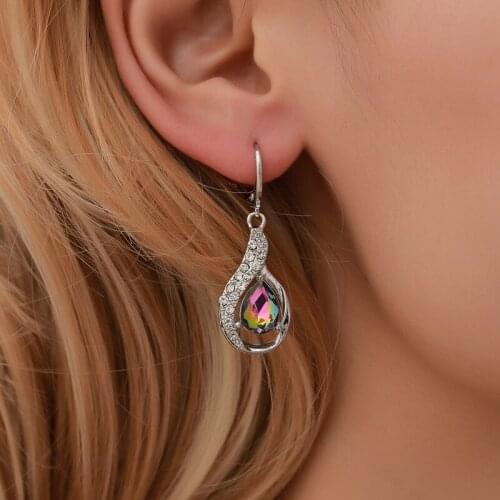 Colorful Zircon Hollow Waterdrop Rhinestone Silver Plated Alloy Women Dangle Earrings & Drop Earrings