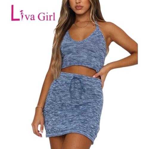 LIVA GIRL 2021 Woman V Neck Lace Sweater Vest Half Skirt Two Piece Set Female Slim Sleeveless Backless Bodycon Skirt Suit S-L