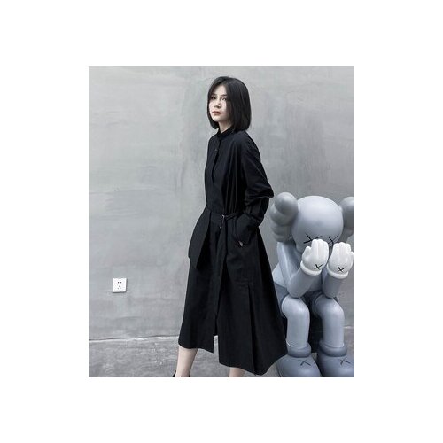 2020 new mid-length strapping black waist slimming a-line skirt long sleeve shirt dress dress autumn dress