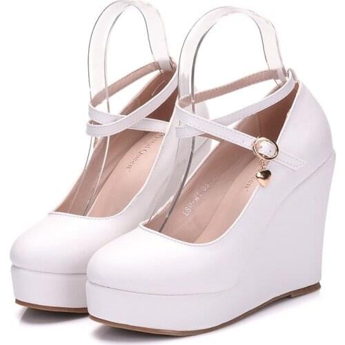 2020 new spring autumn casual high-heeled shoes women pumps PU Buckle Strap 10.8CM Wedges High Heels Pointed Toe waterproof