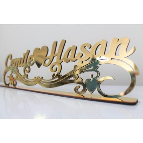 Personalized wood-backed gold & silver mirror acrylic wedding, engagement table name holder, wedding decor