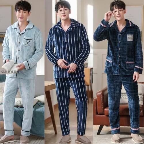 Mens Winter Thicken Flannel Pajamas Sets Male Long Sleeve Pajamas Plus Size Pijama Sleepwear Homewear Teenager Casual Pyjamas