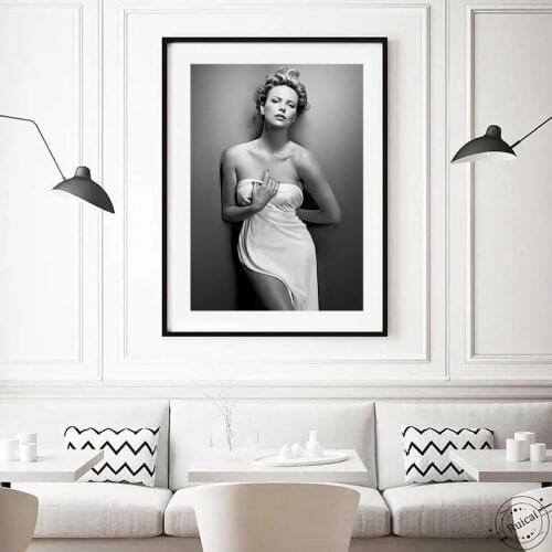 Charlize Theron Poster Sexy Actress Movie Star Model Canvas Art Bar Black And White Wall Picture For Living Home Decor Gift