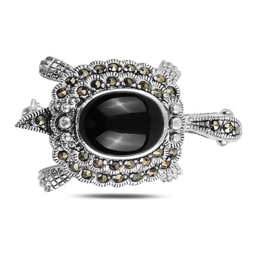 Silverlina Silver Tortoise Natural Stone & Marcasite Gemstone Brooch