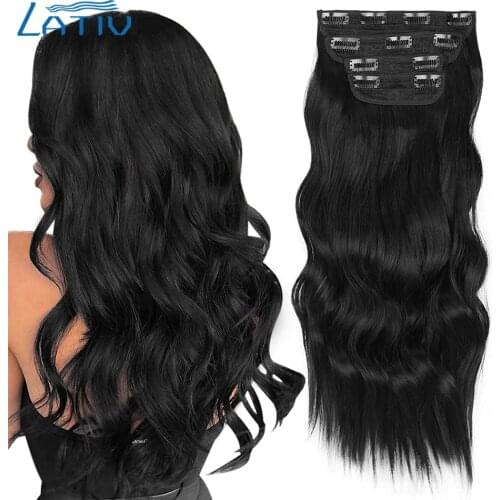 Lativ 4pcs/set Synthetic Long Wavy Hair Extensions Clip In Hair Extensions Dark Brown Black Hairpiece High Temperature Fiber