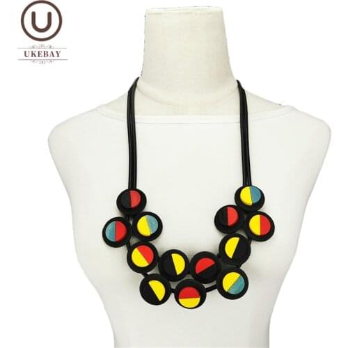 UKEBAY New Wood Pendant Necklaces Women Handmade Sweater Necklace Multicolor Wooden Jewelry Rubber Chians Adjustable Wholesale