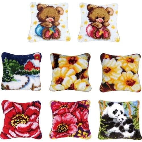 DIY Latch Hook Kits Throw Pillow Cover Cute Rug Pattern Printed 17X17 inch, Crochet Needlework Crafts for Kids and Adults