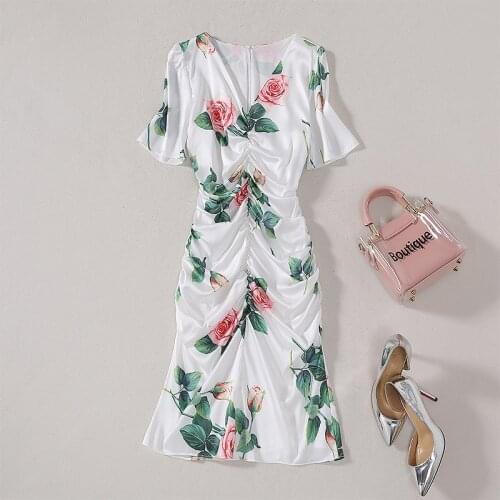 American European womens and clothing 2021 summer new style Short sleeve V neck rose print fold wrap buttocks Fashion dress