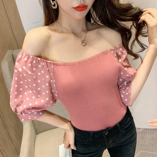 Fashion Patchwork Chiffon T-shirt Summer Women Short Sleeve Polka Dot Tee Top Off the Shoulder Tshirt