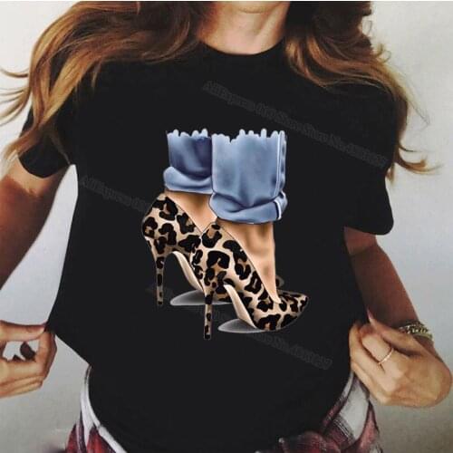 Summer Female Tops Tees Leopard Grain High Heels Women Black Tshirt White Funny Leopard Graphic Tee Shirt Sexy Vogue T Shirt