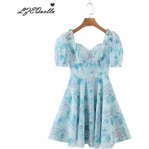 Blue Print Puff Sleeve Dress Summer French Style V Neck Floral High Waist Ruffled Mini Party Dresses Women Vestidos NZ3809