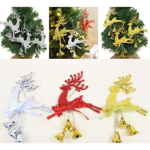 Gold Silver Reindeer PVC Elk Christmas Tree Pendant Ornament Cute Deer With Bell DIY Christmas Decor Kids Gift 2021 New