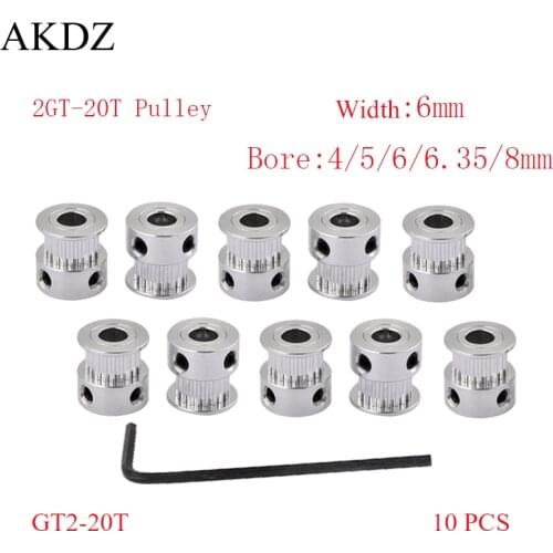 10PCS GT 20 Teeth 2GT 2M Timing Pulley Bore 4/5/6/6.35/8mm for 2MGT GT2 Synchronous Belt Width 6/10mm Small Backlash 20Teeth 20T