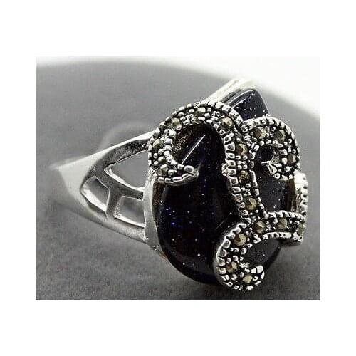 18*16mm Rare 925 Sterling A Natural Blue Sandstone Marcasite Ring Size 6/7/8/9